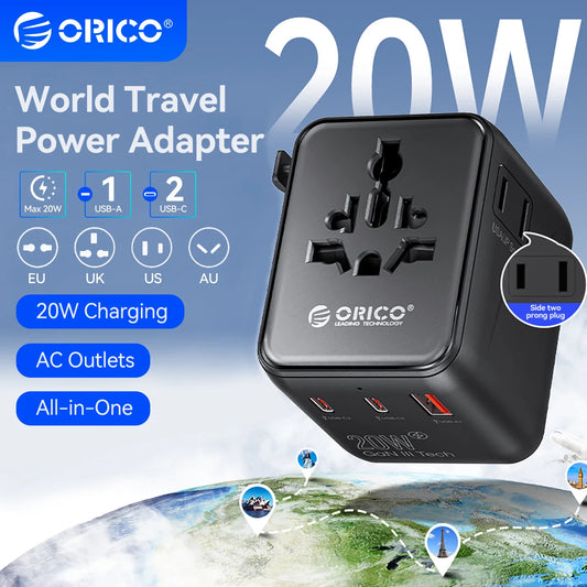 ORICO Universal Travel Adapter Worldwide All-in-One 20W GaN with AC Outlet USB A Type C Dual 10A Fuses Fast Charging EU US UK AU