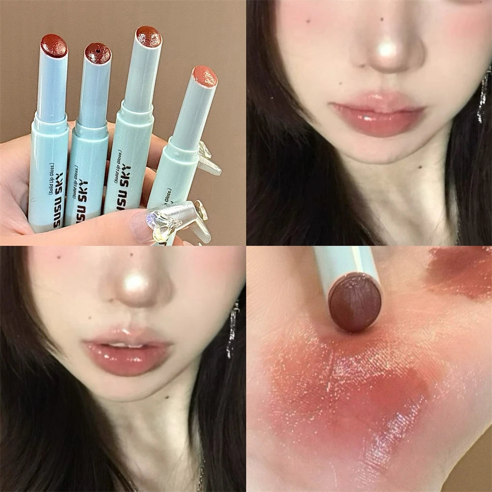 4 Colors Solid Lip Gloss Stick Mint Non-Sticky Glass Shine Lip Balm Hydrating Water Light Lipstick Tint Natural Look Makeup