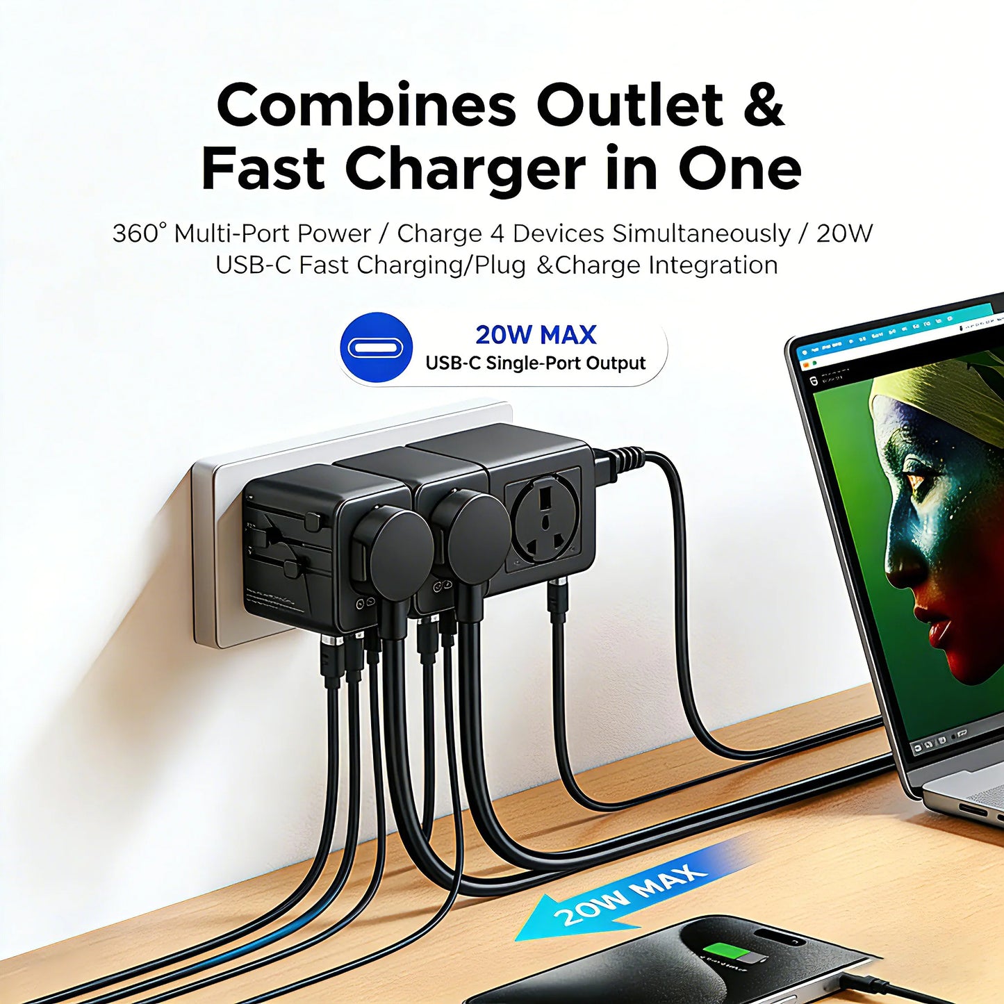 ORICO Universal Travel Adapter Worldwide All-in-One 20W GaN with AC Outlet USB A Type C Dual 10A Fuses Fast Charging EU US UK AU