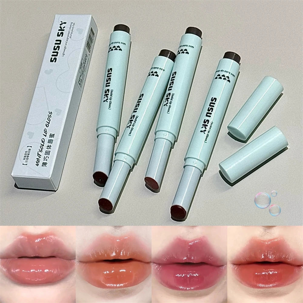 4 Colors Solid Lip Gloss Stick Mint Non-Sticky Glass Shine Lip Balm Hydrating Water Light Lipstick Tint Natural Look Makeup