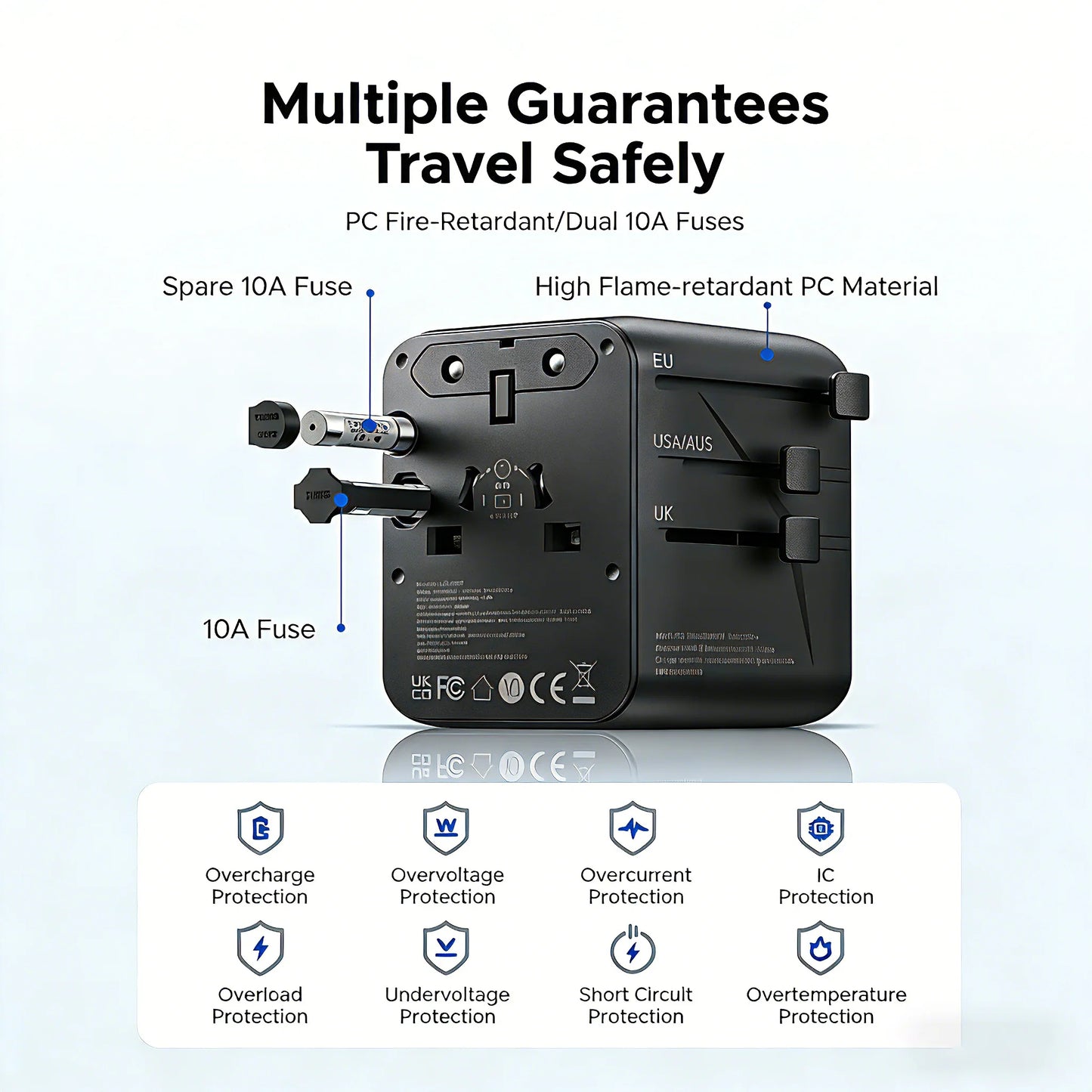 ORICO Universal Travel Adapter Worldwide All-in-One 20W GaN with AC Outlet USB A Type C Dual 10A Fuses Fast Charging EU US UK AU