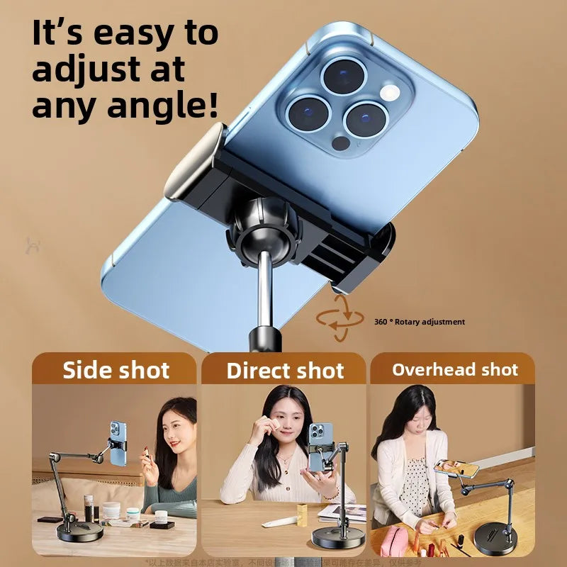 Adjustable Carbon Steel Phone Holder 360° Rotatable Overhead Shooting Bracket for Desktop Live, Food Recording & Unpacking Vlog