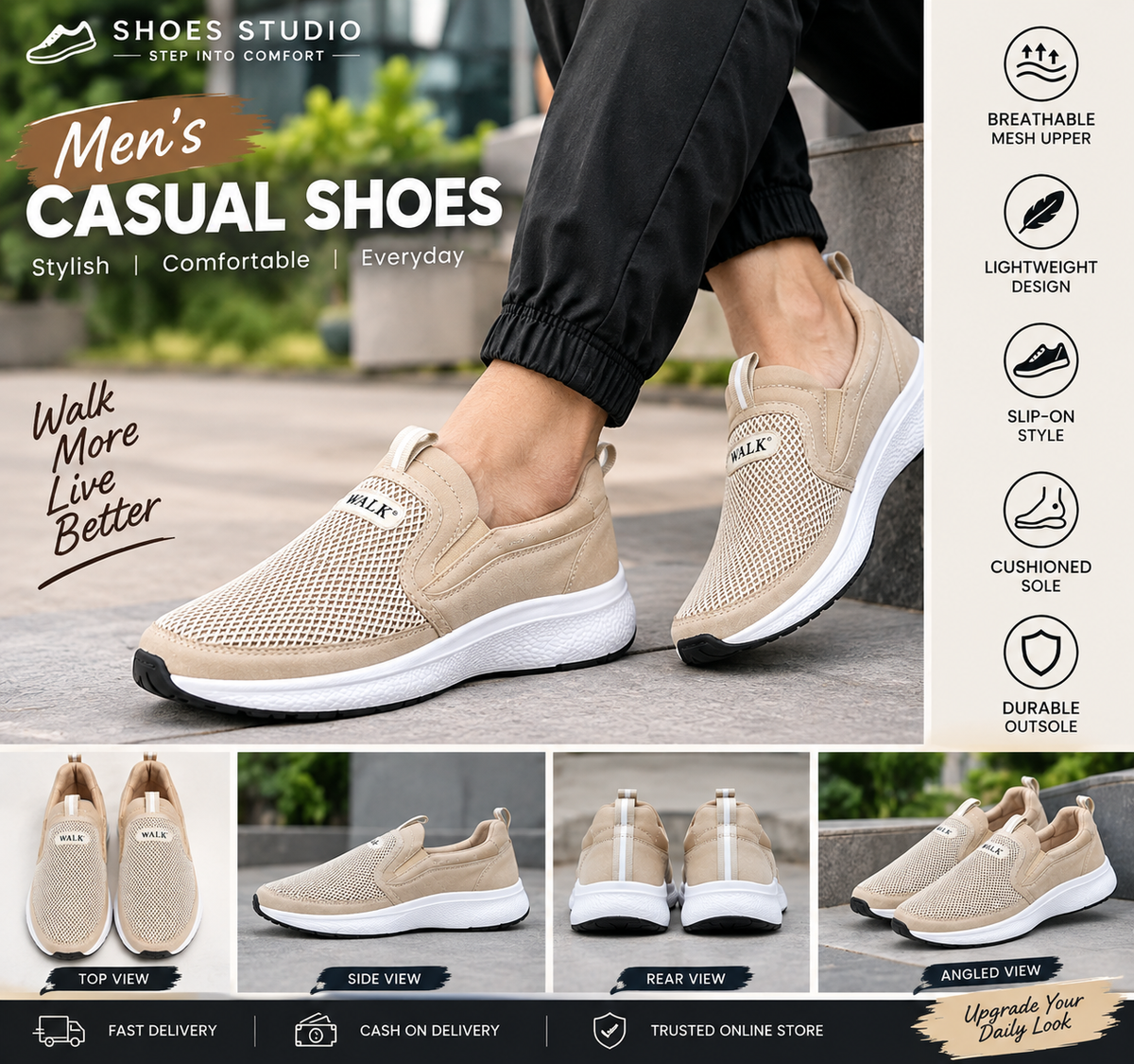 WALK Men's Breathable Slip-On Walking Shoes - Lightweight Mesh Sneakers.