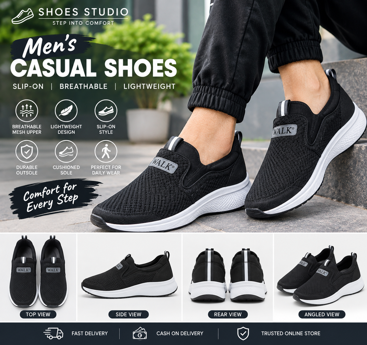 WALK Men's Breathable Slip-On Walking Shoes - Lightweight Mesh Sneakers.