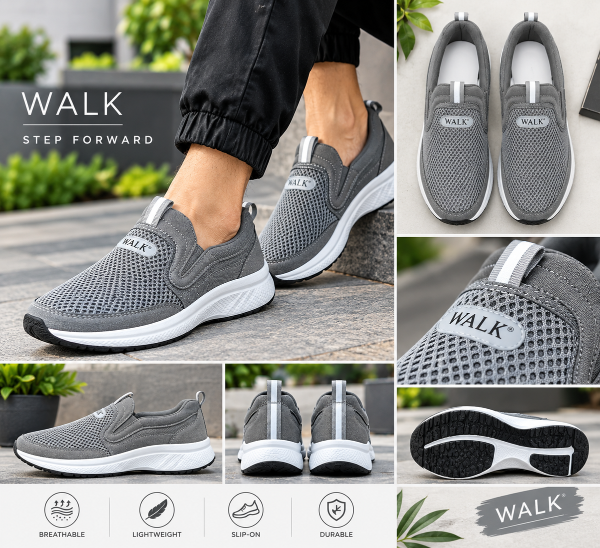 WALK Men's Breathable Slip-On Walking Shoes - Lightweight Mesh Sneakers.